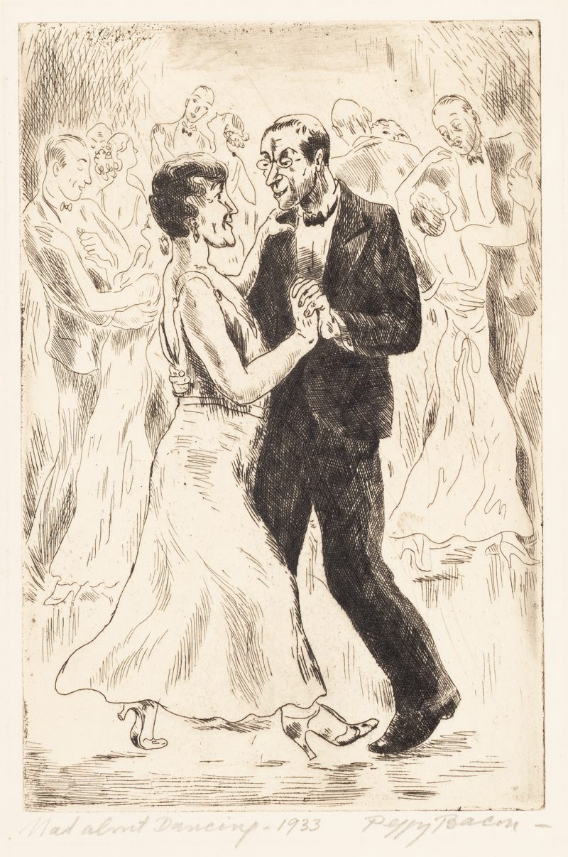 A couple are dancing, the man wears a black suit and the woman a white dress. Other couples are dancing behind them.