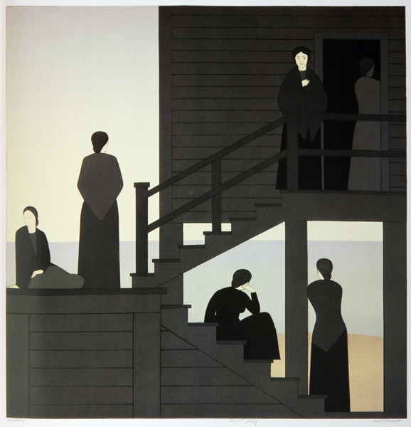 Multiple women line a stair case with several figures on the landings. The sea is beyond and the title may refer to waiting for their husbands to return.
In the late 1960s and early 1970s, Barnet and his family spent the summers living on the coast of Maine. Moved by his surroundings, Barnet began a series of prints and paintings inspired by New England’s shipping history, painting women who waited patiently for husbands and lovers to return from sea. The subject allowed Barnet to explore solitude, loneliness, and longing. Barnet noted that “Maine with its monumental primordial rocky coastline—its tall pine trees silhouetted against a vast luminous sky and ocean—its deep harbors and ancient piers caught my visual imagination. Added to this is Maine’s history and its many myths which stirred within me a depth of feeling and tension.”