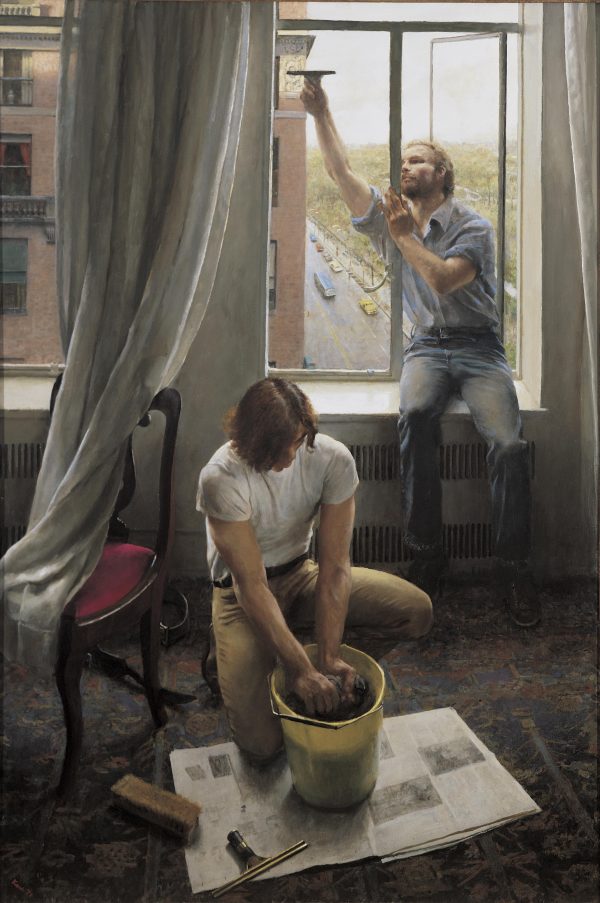 Two men are washing windows from within a room.