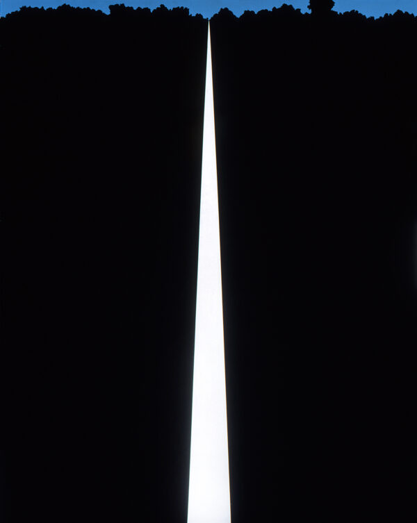 A vertical white stripe receeds on a black field with a blue horizon at the top edge.