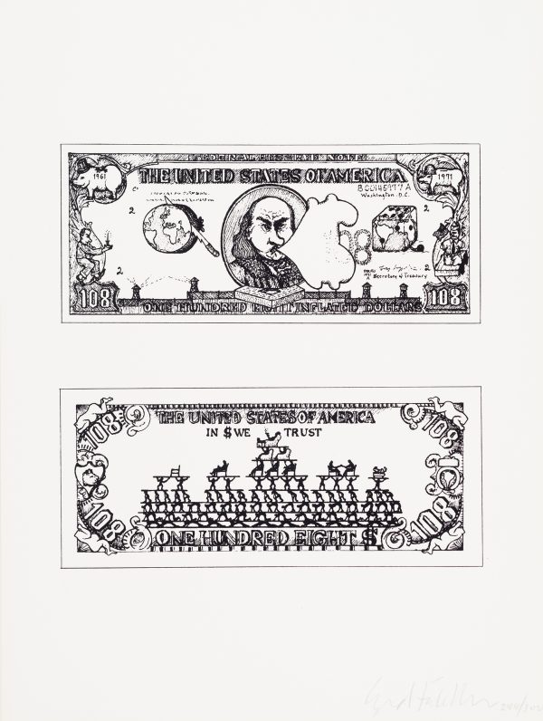 Two views of $108 fictional paper money. At top at center is a man with a speech bubble in the shape of a dollar sign; pigs are in the corners. At bottom are the words 