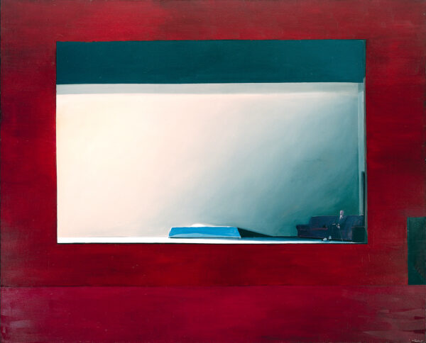 A stage is depicted on a red background. A bed is at the center of the stage and a figure sits on a couch at the right.
