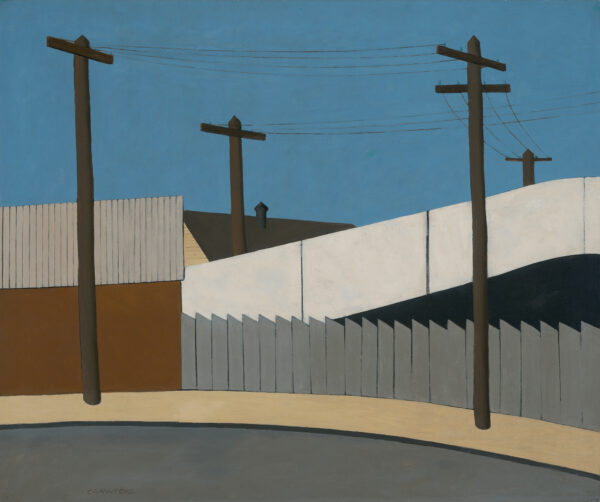 An abstracted street with picket fence, buildings and telephone poles. The steel plant refers to a foundry in Coatesville, Pennsylvania.