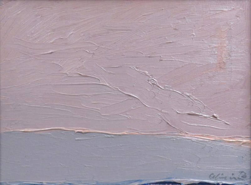 A minimal landscape of a horizon line painted in pink and blue impasto.