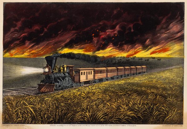 A train with a prairie fire in the background.