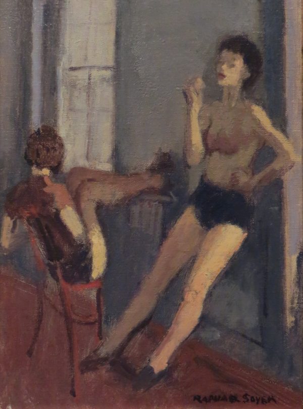 Two dancers, one standing but resting with her back against the wall and the one on the left,seated with legs up.