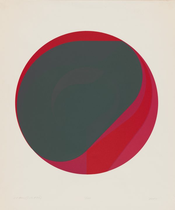Circle abstraction with grays and reds.