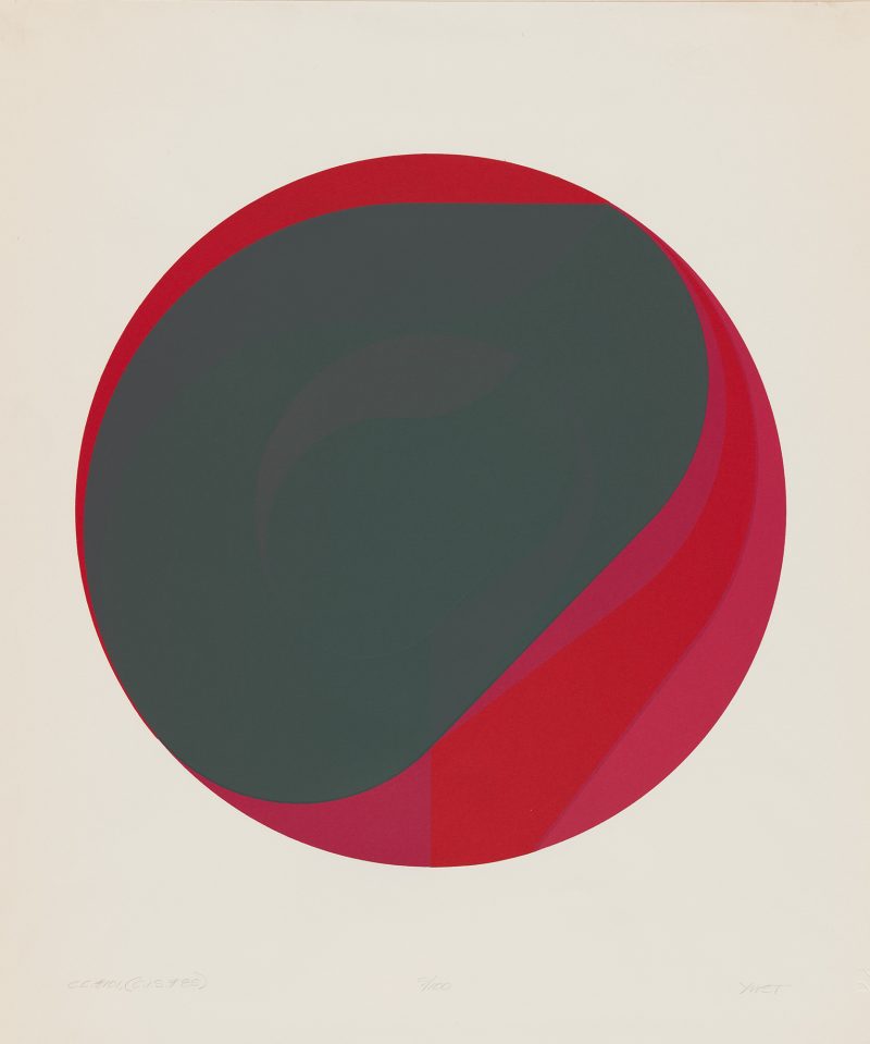 Circle abstraction with grays and reds.