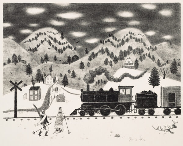Two figures and a train in front of snow covered hills.