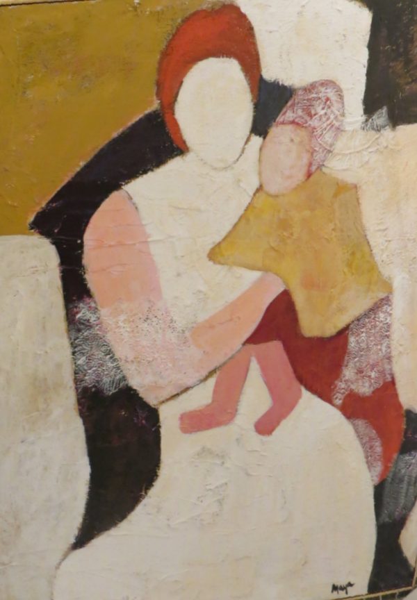 A faceless woman holds a face less toddler. She wears a red cap and the child a white and red cap.