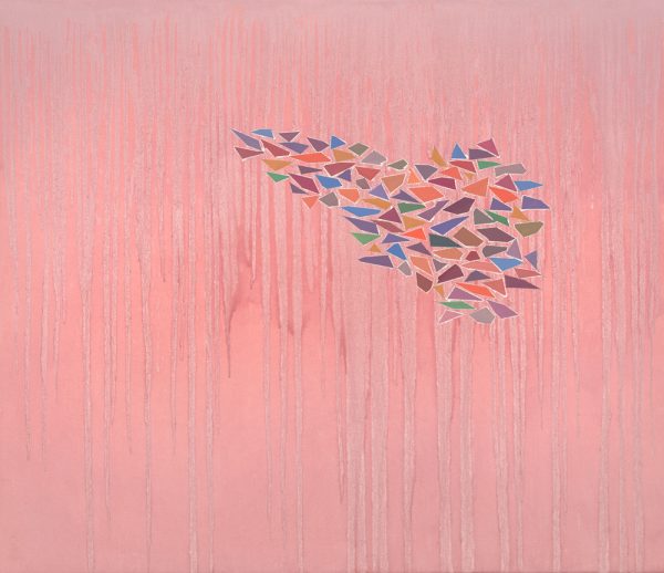 Multiple triangular shapes in many colors are grouped in the top right on top of a pink background filled with drips.
