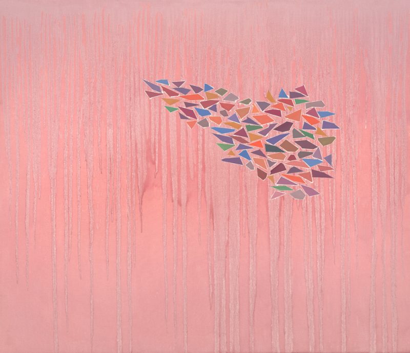 Multiple triangular shapes in many colors are grouped in the top right on top of a pink background filled with drips.