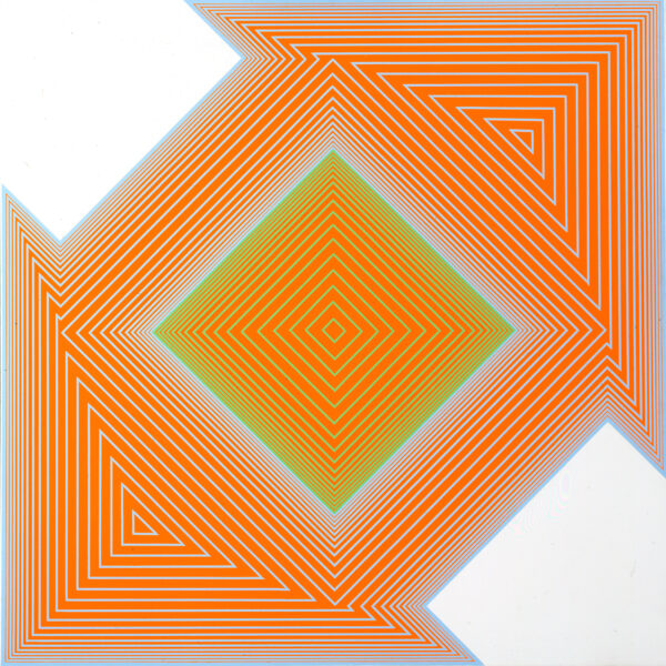 Oranges, yellow and light blue in geometric patterns of a square in the center and triangles in upper right and lower left.