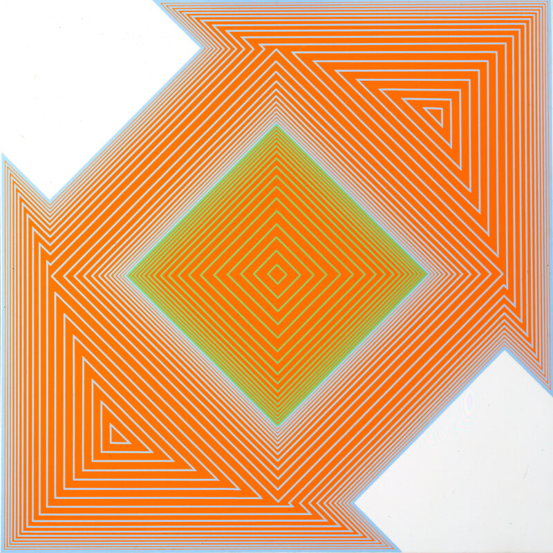Oranges, yellow and light blue in geometric patterns of a square in the center and triangles in upper right and lower left.