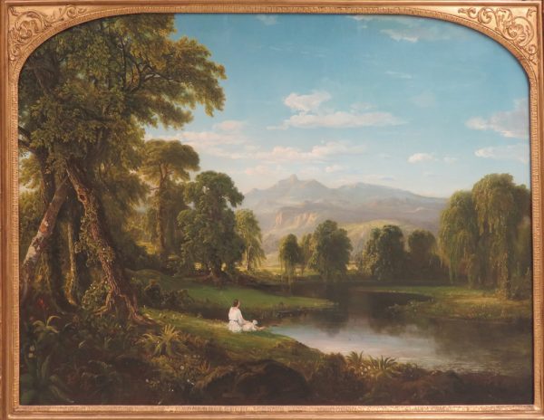 A landscape with a woman sitting in front of a lake.
