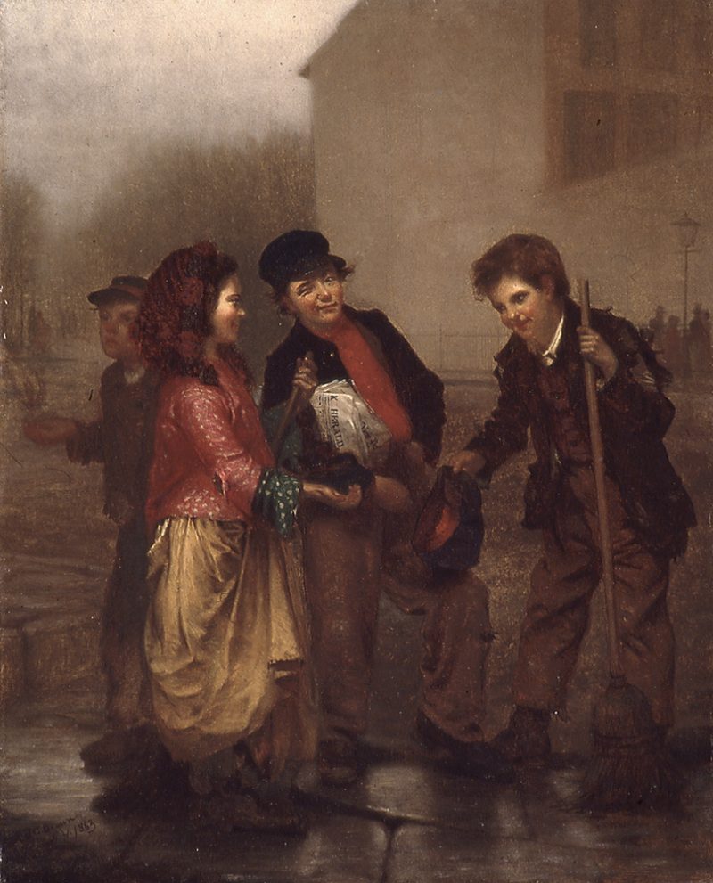 A group of beggars are comparing their earnings.