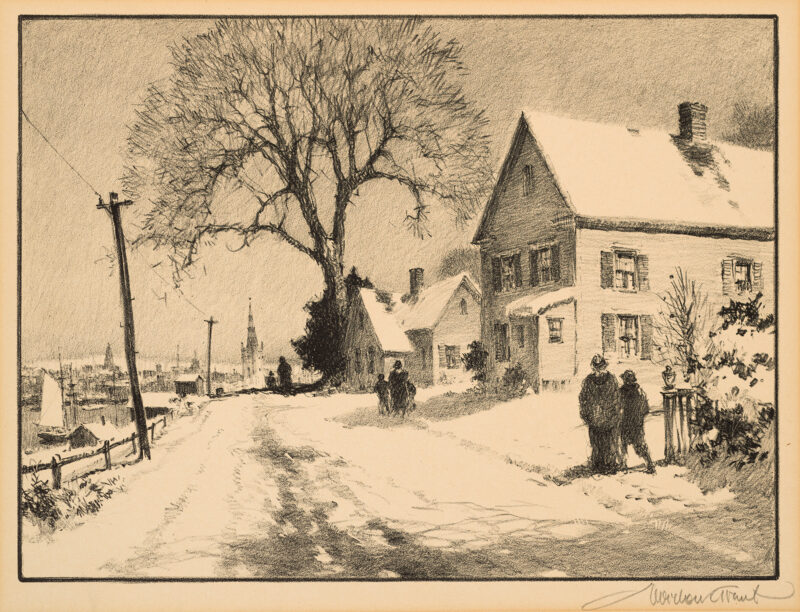 Figure on a snowy street with houses.