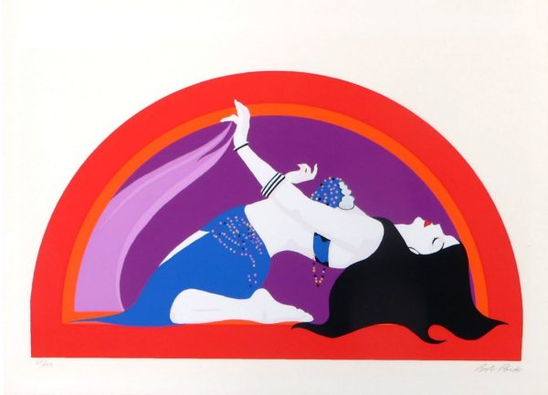 Belly dancer seen from the side, on her knees, laying back.