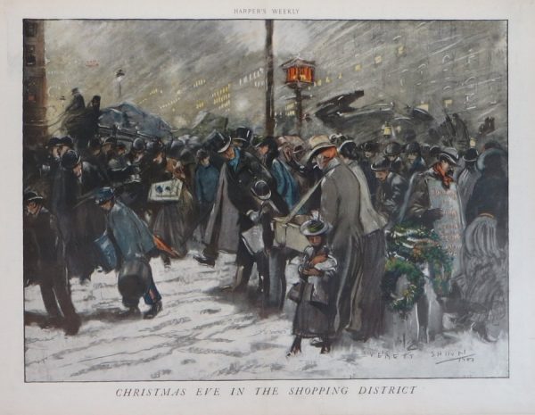 A snowy scene of Christmas shoppers.