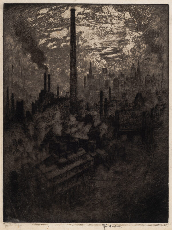 Cityscape with smokestacks in dark sky.