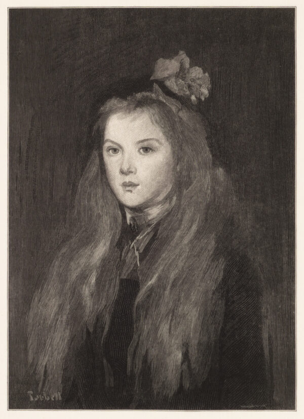 Portrait of a young girl with long hair and a flower on her head.