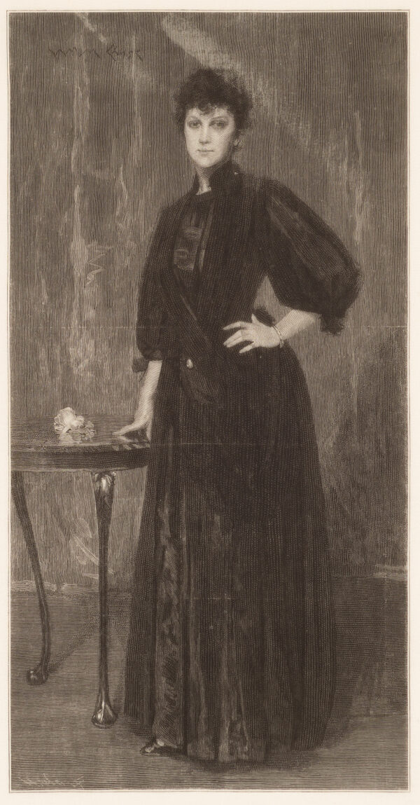 Full-length portrait of a woman in black.