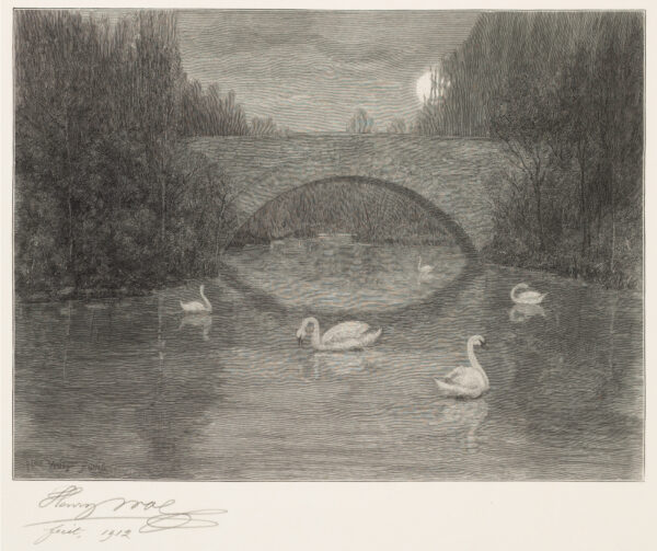 A pond with swans before an arched bridge.