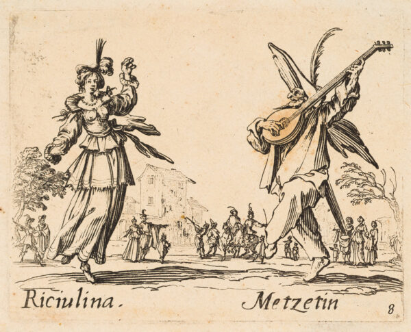 Two figures with names below, village scene with more figures in the distance. From a series of 24 plates designed in Florence and published in Nancy. The figures depicted are Italian performers, dancing the 