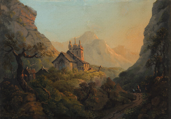 House and tree in valley between mountains.