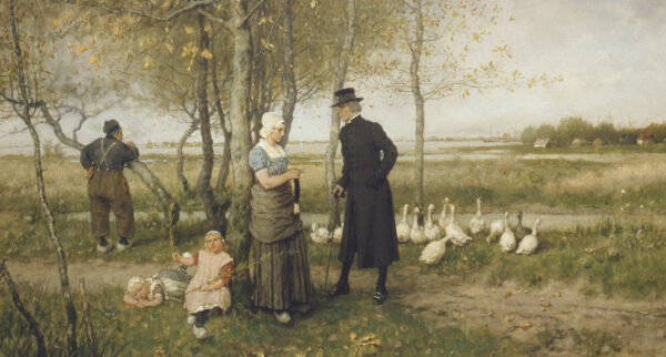 A man a woman talk at center with children at her feet and in the background is a flock of geese and another man with his back turned.
