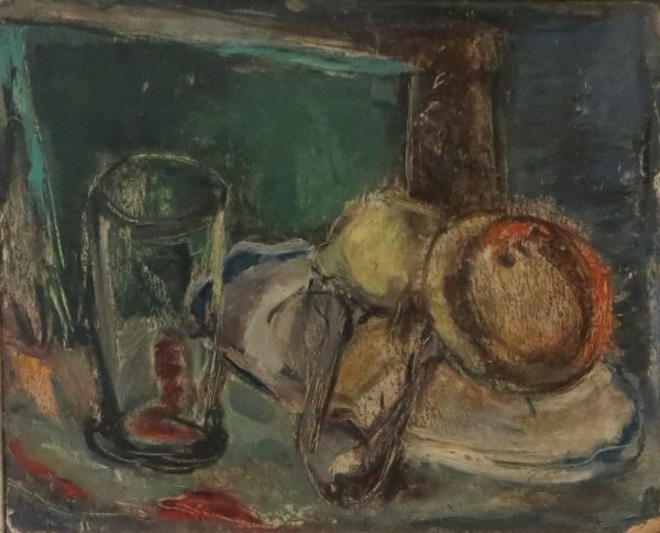 Still life with glass on left.