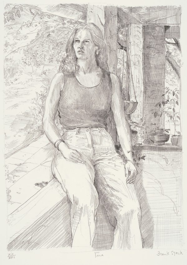 A woman sits facing the viewer, at the corner of a porch, with trees in the background.