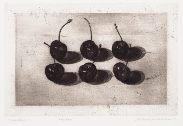 Six cherries with shadows.
