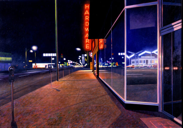 A night-time street scene with a neon sign at the top center.