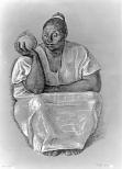 A barefoot woman in a white dress sits facing the viewer. She holds a round fruit in her proper right hand.