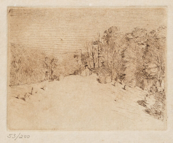 A landscape of a hill with tall trees on the right. A posthumous edition printed from original copper plates executed by Emil Carlsen in sepia ink on hand-made paper by Roland Poska. Printer is Roland Poska, Fishy Whale Press, Milwaukee, Published by Brett Mitchell Collection, Inc.