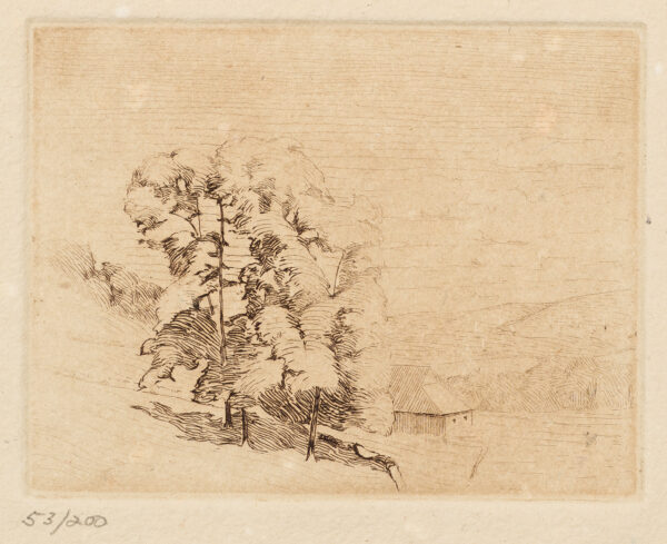 A landscape of tall trees and small buiding at lower center. A posthumous edition printed from original copper plates executed by Emil Carlsen in sepia ink on hand-made paper by Roland Poska. Printer is Roland Poska, Fishy Whale Press, Milwaukee, Published by Brett Mitchell Collection, Inc.