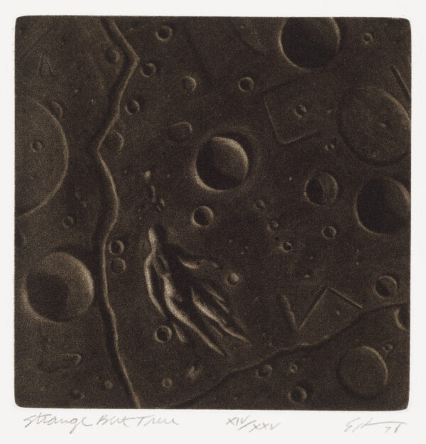 A nude female at bottom center on a surface of shallow craters like a stylized surface of the moon.
