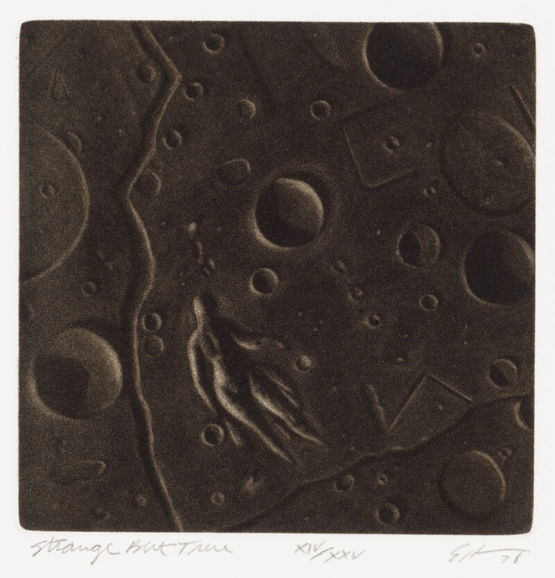 A nude female at bottom center on a surface of shallow craters like a stylized surface of the moon.