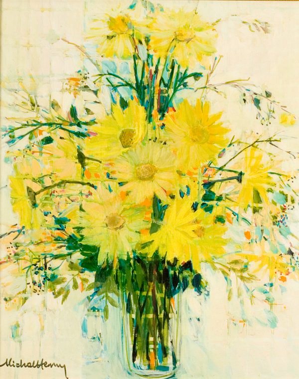 Still life of yellow flowers in a vase.