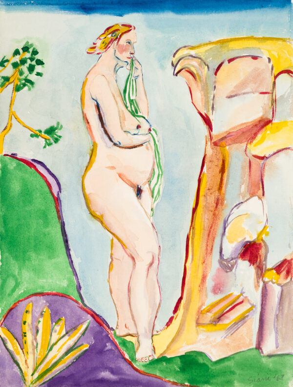 Nude female stands in a landscape.