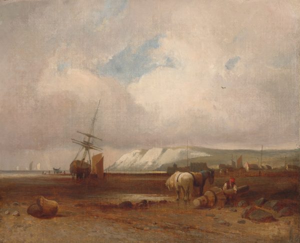 In right foreground on beach, a man with red cap lifting a large wood object; behind him, two horses wearing feeding sacks; boat on the beach to left of center in middle ground; cliffs & boats in water beyond.