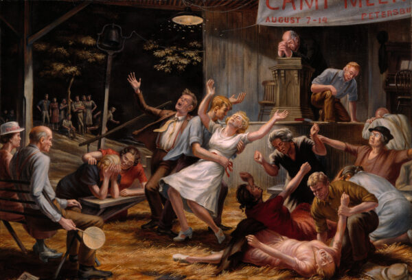 Portrayal of a revival meeting held in an open barn at night with the preacher praying at the pulpit on a stage at the upper right and a group of figures in the lower foreground in various states of physical frenzy.