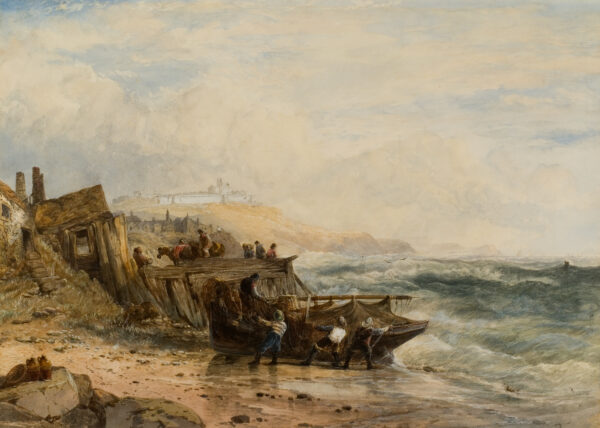 Coastal scene with fishing boat & 4 men on beach in foreground; figures & 2 pack horses behind; partial view of cottage at left; walled city & cliffs in distance.