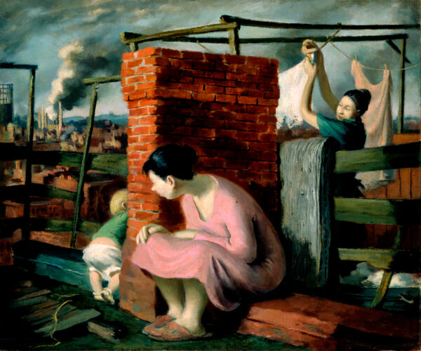 In foreground, woman in pink dress seated on rooftop next to red brick chimney & watching small child crawling around chimney; behind her, woman hanging wash on clothesline; in left back ground, view of city with factory smoke stacks.