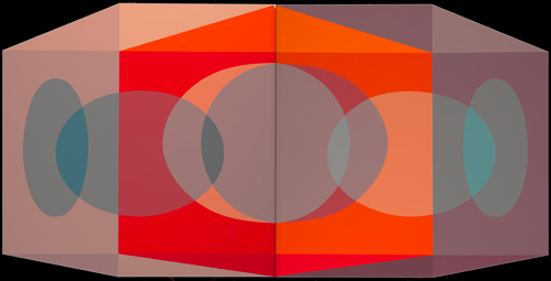 A geometric abstraction in gray, green and oranges