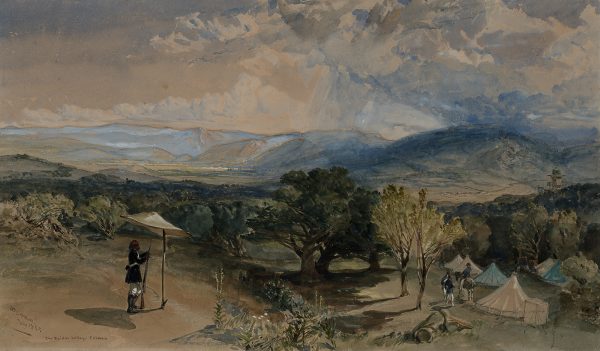 Trees & shrubs in foreground with a Sardinian? Sharpshooter posted at left; encampment with tents & groups of men at right; an expansive view of the valley & mountains beyond.