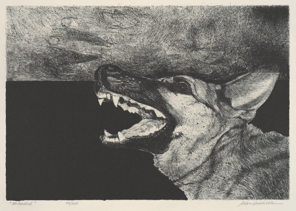 Head of a German shepherd at lower rt.; above head, sketchy rendition of a human hand.