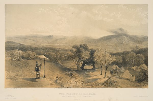 In foreground, Sardinian Sharpshooter posted at left, encampment with tents and groups of men at right; beyond, view of valley, tower of villa above tree tops at right mountains.