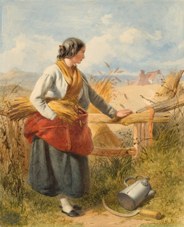 Figure of a peasant woman in a gray skirt, red apron & yellow scarf around her neck & holding a sheaf of wheat; a pitcher & scythe on ground at lower right; the roof of a cottage & hills beyond.